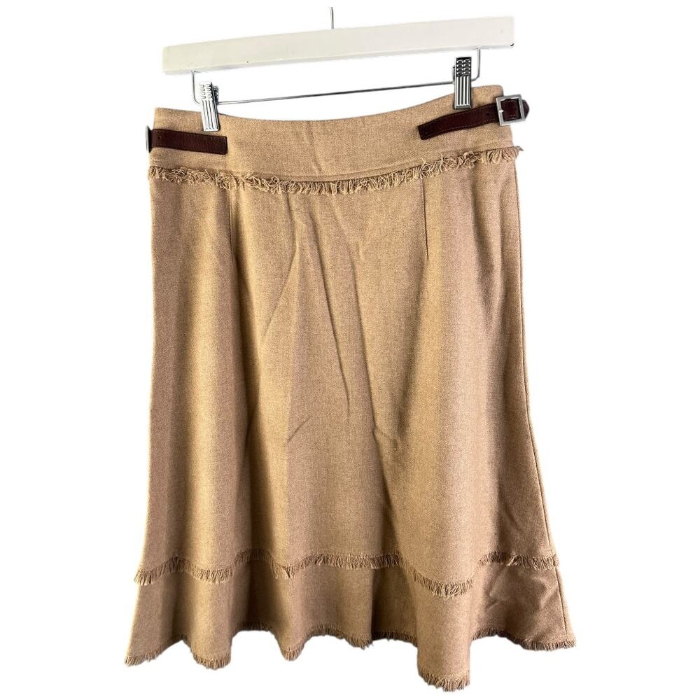 Blue Les Copains Italy tan tweed tiered fringe belt skirt 100% wool IT42 US6 New